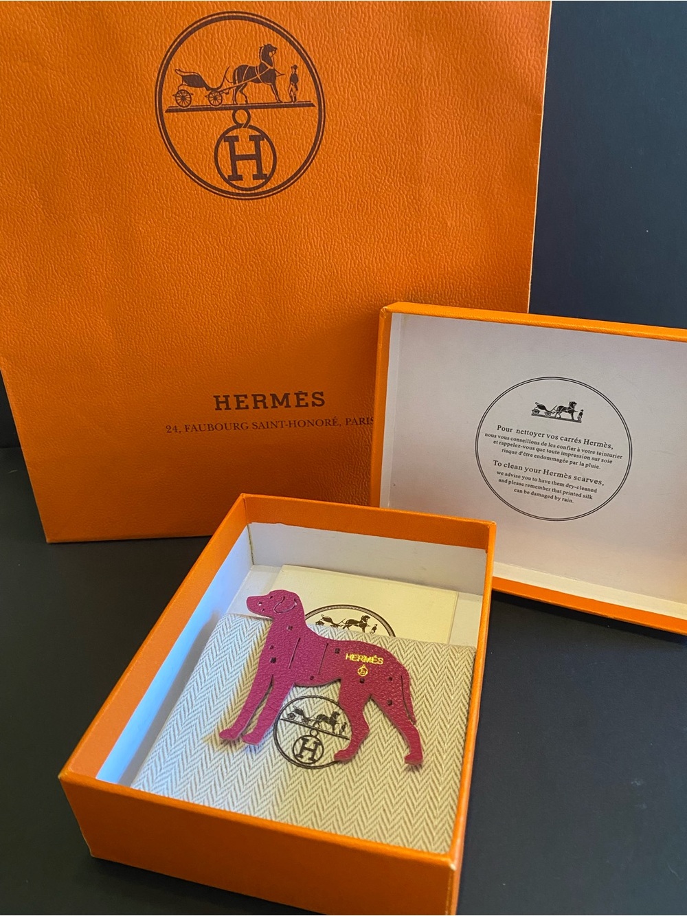 Hermès Petit H Pink Leather Dalmatian Charm with Hermes’ Ribbon. Authentic.